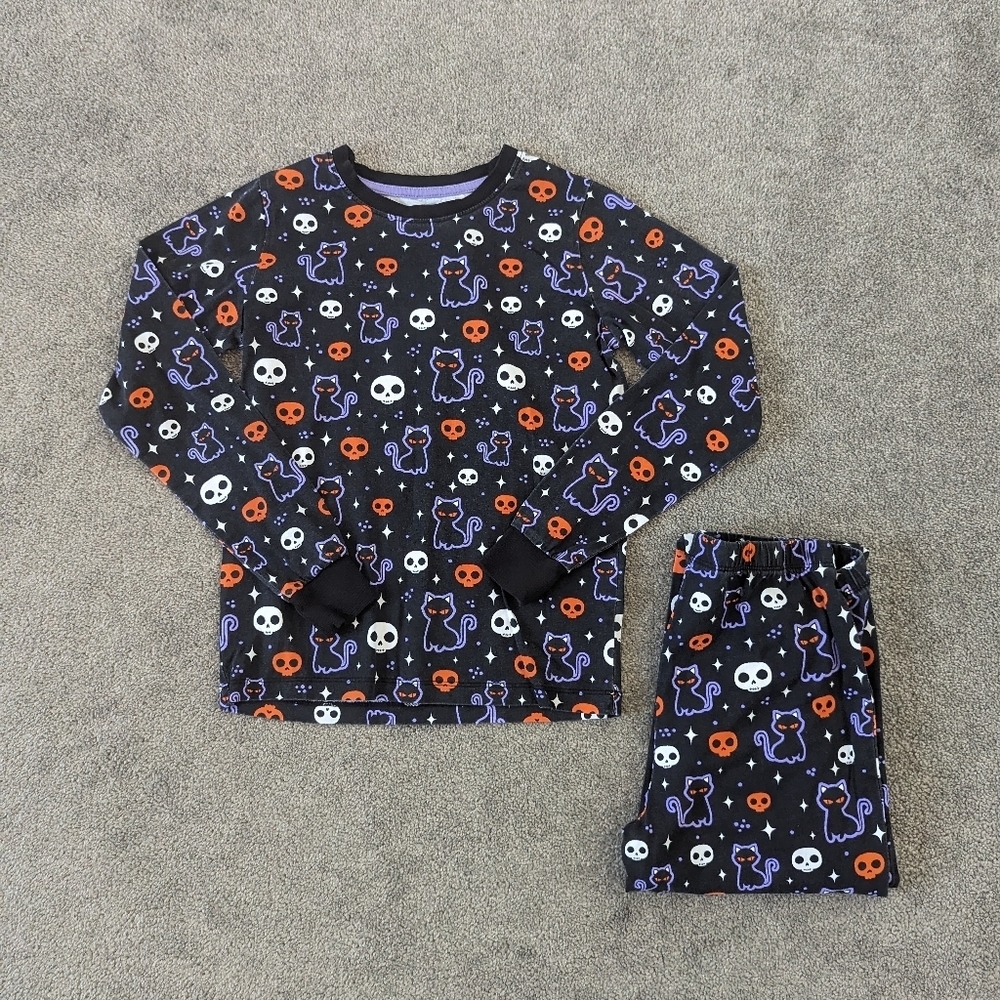 George Girls' Halloween Cotton Pajama Set Size L (10-12) Black Skeleton Cat